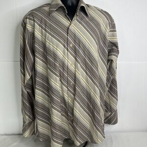 Franky Max Men's Large Shirt Long Sleeve Button Up Beige/Blue Striped‎